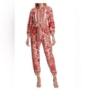 Farm Rio Pineapple Red Floral-Print Linen-Blend Jumpsuit Size L